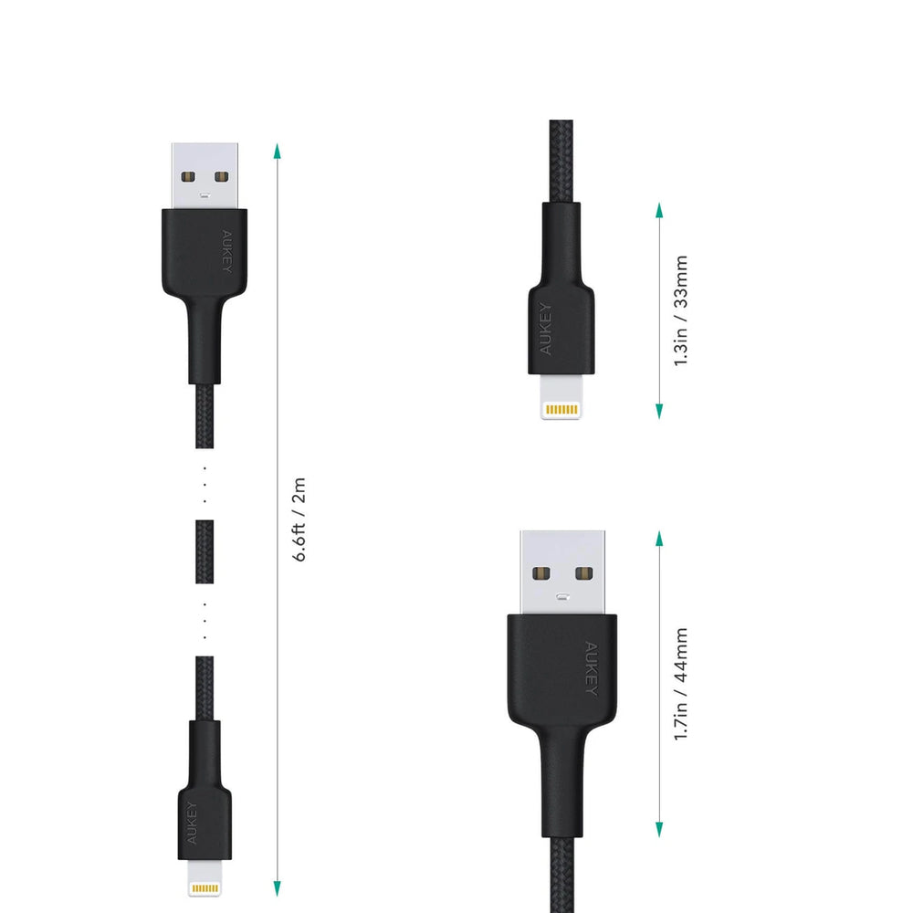 Cables AUKEY braided nylon usb-a  to lightning cable (2m / 6.6ft) negro